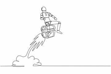 Poster - Single continuous line drawing robot riding treasure chest rocket flying in sky. Treasure hunting with tech. Future technology development. Artificial intelligence. One line design vector illustration