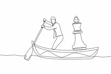 Poster - Continuous one line drawing businessman standing in boat and sailing with chess king piece. Tactic and strategy in trade war. Success winning competition. Single line draw design vector illustration
