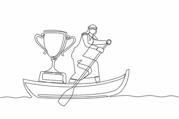 Poster - Single continuous line drawing Arabian businessman sailing away on boat with trophy. Sailing world championship award. Winning water sport competition one line draw graphic design vector illustration
