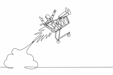 Poster - Single one line drawing robot riding shopping trolley rocket flying in the sky. Robotic artificial intelligence technology. Electronic technology industry. Continuous line design vector illustration
