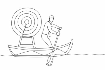 Poster - Single one line drawing businessman standing in boat and sailing with dartboard target.  Hard work achieve business mission and win competition. Continuous line draw design graphic vector illustration
