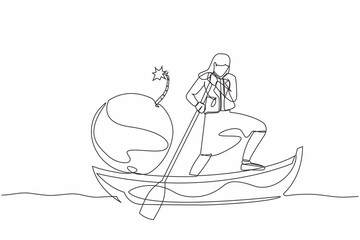 Poster - Single continuous line drawing businesswoman sailing away on boat with bomb. Office worker fired from companies due to the exploding world financial crisis. One line graphic design vector illustration