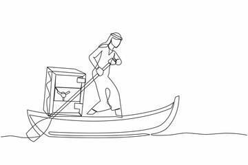Poster - Continuous one line drawing Arabian businessman sailing away on boat with safe deposit box. Unexpected financial opportunities, credit, bank deposit protection. Single line design vector illustration