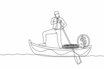 Poster - Continuous one line drawing businessman standing in boat and sailing with pile of dollar coins. Criminal stole golden coins from bank. Escape with money. Single line design vector graphic illustration