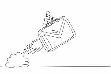 Poster - Single one line drawing robot riding paper envelope rocket flying in sky. Launch digital message project. Robotic artificial intelligence technology. Continuous line graphic design vector illustration
