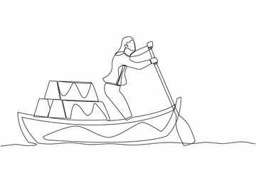 Poster - Continuous one line drawing businesswoman sailing away on boat with stack of golden bullion. Gold investment concept. Office worker planning future finance. Single line draw design vector illustration