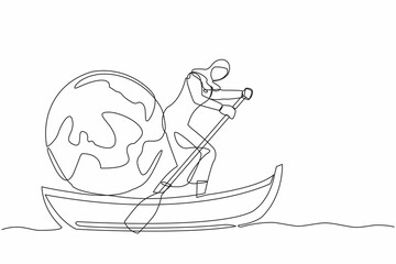 Poster - Single continuous line drawing Arab businesswoman standing in boat and sailing with globe. Taking trip around the world by ship. Tourism or travelling. One line draw graphic design vector illustration