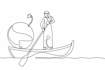 Poster - Single continuous line drawing Arab businessman sailing away on boat with bomb. Office worker fired from companies due to exploding world financial crisis. One line graphic design vector illustration