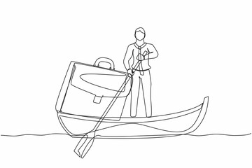 Poster - Single one line drawing businessman standing in boat and sailing with briefcase. Success male manager on summer vacation. Escape from routine. Continuous line draw design graphic vector illustration