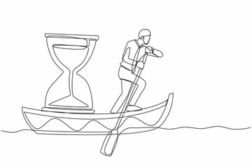 Poster - Continuous one line drawing businessman standing in boat and sailing with hourglass. Manager escape from deadline. Motivation to go forward. Running out of time. Single line design vector illustration