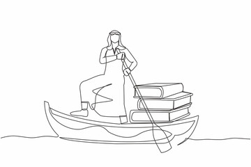 Poster - Single continuous line drawing Arab businessman sailing away on boat with pile of books. Intellectual progress by getting used to reading book. Education concept. One line design vector illustration