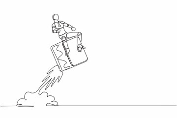 Poster - Single continuous line drawing robot riding safe deposit box rocket flying in the sky. Cash protection at tech business. Future technology development. One line draw graphic design vector illustration