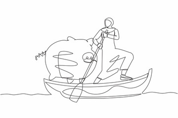 Poster - Single continuous line drawing Arabian businesswoman standing in boat and sailing with piggy bank. Economy purposes saving money is very important. Smart investor. One line design vector illustration