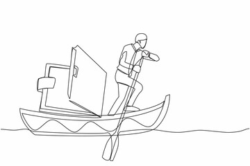 Poster - Continuous one line drawing businessman sailing away on boat with wallet. Office worker with financial problem due to economic crisis. Lack of paper money. Single line draw design vector illustration