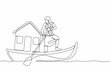 Continuous one line drawing businesswoman sailing away on boat with house. Home mortgage problem in economic crisis. Housing loan disaster concept. Single line draw design vector graphic illustration