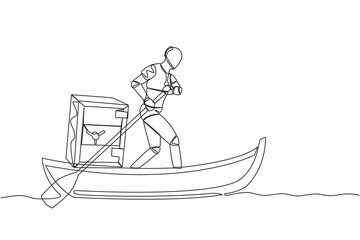 Poster - Single one line drawing intelligence robot standing in boat and sailing with safe deposit box. Escape with money. Criminal stole golden coin from bank. Continuous line draw design vector illustration