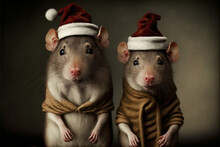 Adorable Tiny Cute Rats In Christmas Outfits On Christmas Background.generative Ai.