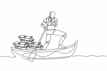 Poster - Single one line drawing robot sailing away on boat with pile of banknote. Digital financial crime or money laundering. Robotic artificial intelligence. Continuous line draw design vector illustration