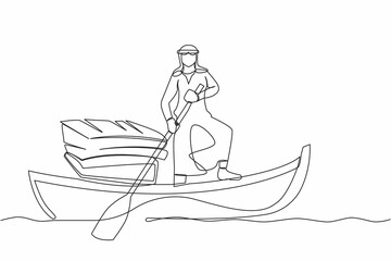 Poster - Single continuous line drawing Arab businessman sailing away on boat with stack of papers. Busy office worker manage documents, paperwork. Overworked concept. One line draw design vector illustration
