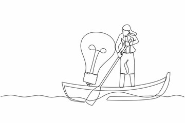 Poster - Single continuous line drawing of businesswoman sailing away on boat with light bulb. Success business idea, vision, and innovation for better company. One line draw graphic design vector illustration