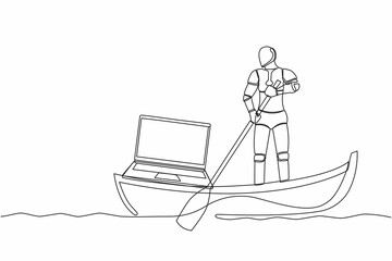 Poster - Single one line drawing of robot sailing away on boat with laptop computer. Freelance or remote work at ship. Modern robotic artificial intelligence. Continuous line design graphic vector illustration