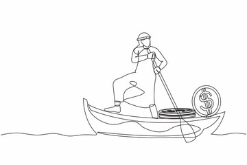 Poster - Single one line drawing Arabian businessman sailing away on boat with pile of dollar coins. Criminal stole golden coin from bank. Corruption, robber. Continuous line design graphic vector illustration