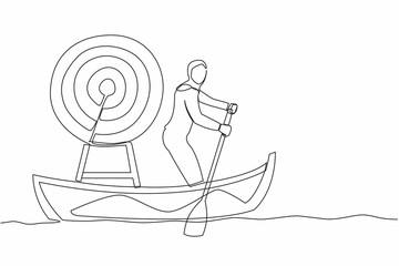 Poster - Single one line drawing Arab businesswoman standing in boat and sailing with dartboard target.  Hard work achieve business mission and win competition. Continuous line draw design vector illustration