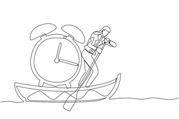 Poster - Single continuous line drawing businesswoman sailing away on boat with alarm clock. Time management in business project deadline. Success business concept. One line graphic design vector illustration