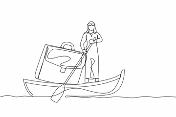 Poster - Single continuous line drawing Arab businessman sailing away on boat with briefcase. Employees planning for summer vacation. Take break from busy office tasks. One line draw design vector illustration