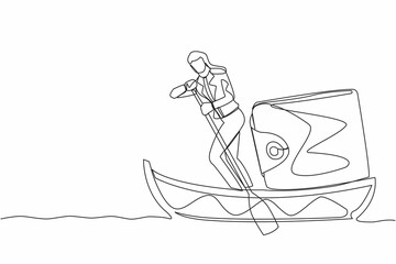 Poster - Continuous one line drawing businesswoman sailing away on boat with purse. Financial planning strategy for personal use. Money management concept. Single line draw design vector graphic illustration
