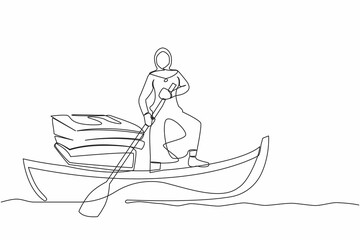 Poster - Continuous one line drawing Arabian businesswoman standing in boat and sailing with pile of papers. Manager escape from stack of document, paperwork, overworked. Single line design vector illustration