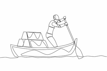 Poster - Single continuous line drawing robot sailing away on boat with stack of golden bullion. Gold investment in digital tech. Future technology development. One line draw graphic design vector illustration