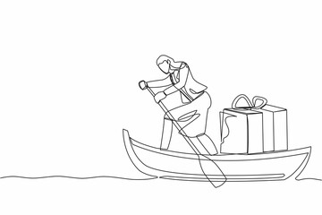 Poster - Single continuous line drawing businesswoman sailing away on boat with gift box. Year-end prizes for outstanding employees. Appreciation from company. One line draw graphic design vector illustration