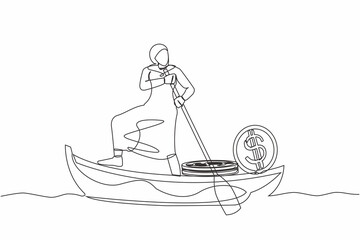 Poster - Single continuous line drawing Arab businesswoman standing in boat and sailing with stack of golden coin dollar. Successful investor entrepreneur. Gold investment. One line design vector illustration