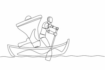 Poster - One continuous line drawing genius robot standing in boat and sailing with super megaphone. Humanoid shout and motivating team to move forward for success. Single line draw design vector illustration