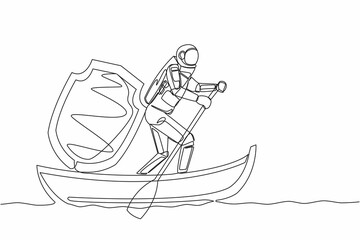 Poster - Single one line drawing young astronaut sailing away on boat with shield. Security and insurance in spaceship launching. Cosmic galaxy space concept. Continuous line design graphic vector illustration