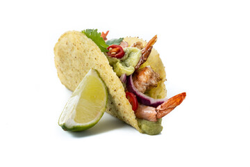 Wall Mural - Mexican tacos with shrimp,guacamole and vegetables isolated on white background