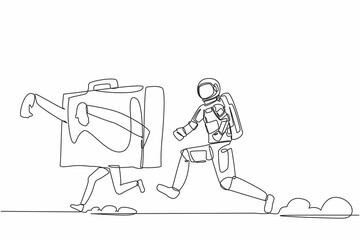 Poster - Continuous one line drawing of young astronaut running chasing briefcase in moon surface. Huge bag for space travel. Cosmonaut outer space concept. Single line draw design vector graphic illustration