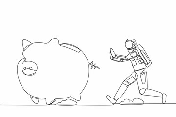 Poster - Single one line drawing young astronaut chase piggy bank in moon surface. Savings for investment exploration of the universe. Cosmonaut deep space. Continuous line design graphic vector illustration