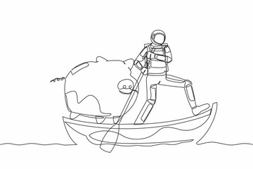 Poster - Single continuous line drawing astronaut sailing away on boat with piggy bank. Save money on the shuttle company due to crisis. Cosmonaut deep space concept. One line draw design vector illustration