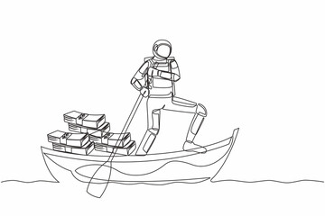Poster - single one line drawing astronaut sailing away on boat with pile of banknote. financial crime or mon