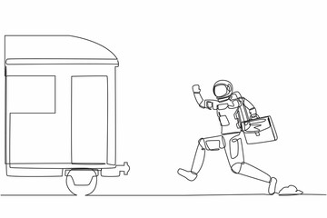 Poster - Continuous one line drawing of young astronaut run chasing train in moon surface. Transport system in space station. Cosmonaut outer space concept. Single line draw design vector graphic illustration