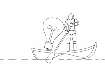 Poster - Continuous one line drawing robot sailing away on boat with light bulb. Vision and innovation in tech company. Humanoid robot cybernetic organism. Single line draw design vector graphic illustration