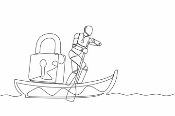 Poster - Single one line drawing robot sailing away on boat with padlock. Security and shipping business protection. Modern robotic artificial intelligence. Continuous line design graphic vector illustration