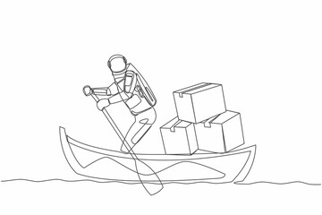 Poster - Continuous one line drawing astronaut sailing away on boat with pile of cardboard. Delivery of packages between planets in space. Cosmonaut outer space. Single line design vector graphic illustration