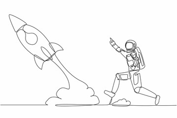 Poster - Continuous one line drawing young astronaut run chasing rocket take off in moon surface. Left behind departure back to earth. Cosmonaut outer space concept. Single line draw design vector illustration