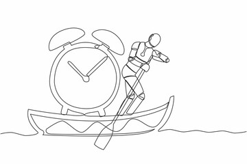 Poster - Single one line drawing robot sailing away on boat with alarm clock. Time management in tech business deadline. Robotic artificial intelligence. Continuous line draw design graphic vector illustration
