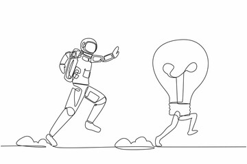 Poster - Single continuous line drawing of young astronaut chasing light bulb in moon surface. Innovation in the discovery of new planets. Cosmic galaxy space. One line draw graphic design vector illustration