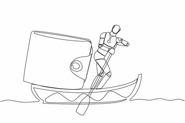 Poster - single continuous line drawing robot sailing away on boat with purse. money management in tech compa