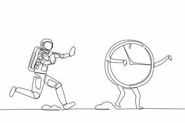 Poster - Single one line drawing young astronaut chase clock time in moon surface. Time management in space exploration. Cosmonaut deep space concept. Modern continuous line design graphic vector illustration